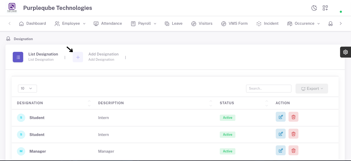 Add Designation tab highlighted on the Designation page